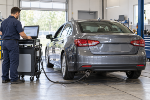 Technician conducting an emissions test in an auto service bay